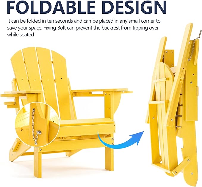 Folding Adirondack Chair, HDPE Outdoor Texture Lawn Chair with Reclining Back, Cup and Phone Holder - Comfortable Firepit Chair Weather Resistant for Patio or Backyard (Yellow, Set of 4)