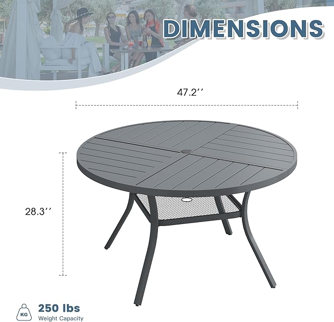DIFY 47.2" Round Outdoor Patio Dining Table for 6, All-Weather Metal Steel Slatted Patio Table with 1.57" Adjustable Umbrella Hole, for Lawn Garden Porch Backyard, Grey