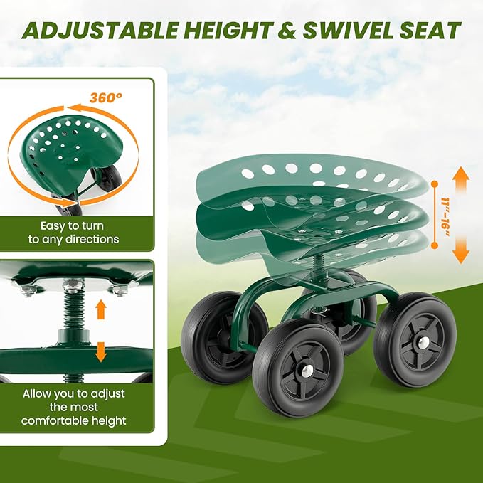 Rolling Garden Seat, Garden Cart with 360° Swivel Work Seat & Adjustable Height, Heavy Duty Garden Seat with Wheels for Lawn Yard Patio Greenhouse Planting Cleaning (Green)
