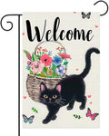 Welcome Cat Garden Flag 12x18 Inch Cute Black Cat Colorful Floral Butterfly Basket Double-Sided Yard Decoration for Outdoor Garden Patio Yard Spring Summer Décor