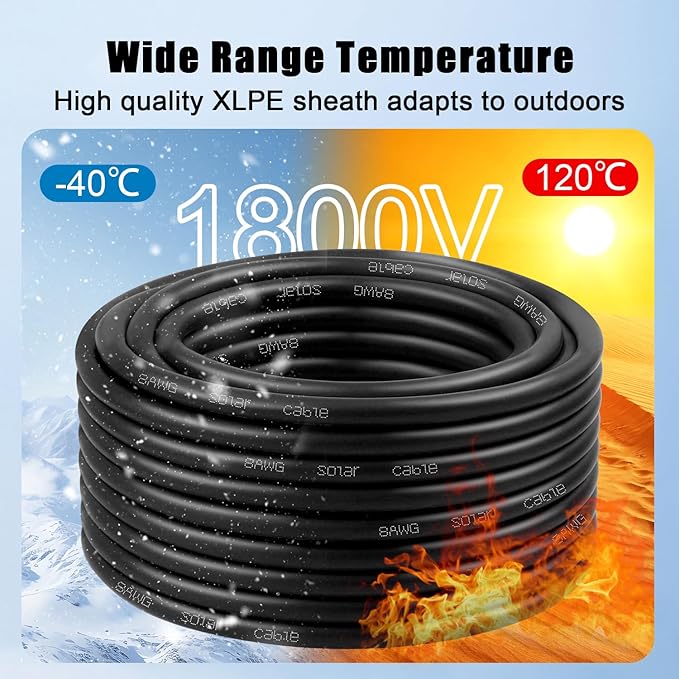 8 AWG Solar Cable 50FT Red + 50FT Black Tinned Copper Wire, 8 Gauge Solar Panel Wire for RV, Automotive, Trailer, Marine, Outdoors