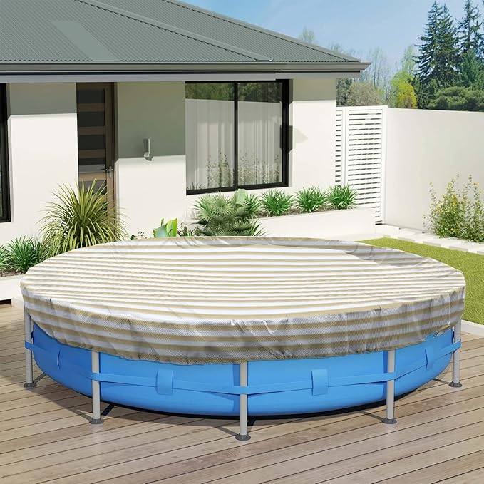 ECOOPTS 16 ft Round Pool Cover for Above Ground Pools, Swimming Pool Cover Protector Winter Safety Cover (Beige White Stripes)