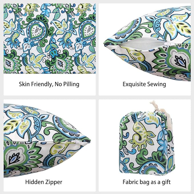 Magpie Fabrics Pack of 2 Outdoor Waterproof Throw Pillow Covers 18 x 18 Inch, Christmas Decorative Cushion Sham Pillowcase Shell for Garden Patio Tent Balcony Couch Sofa(Floral Blue Green)