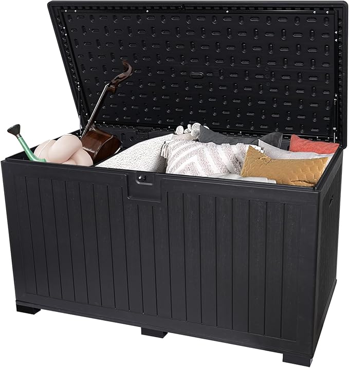 LANTRO JS 320 Gallon Deck Box Waterproof, Resin Outdoor Storage Box Extra Large Lockable with Divider and Lifter Prevent Water Seeping into from Floor for Patio Cushions