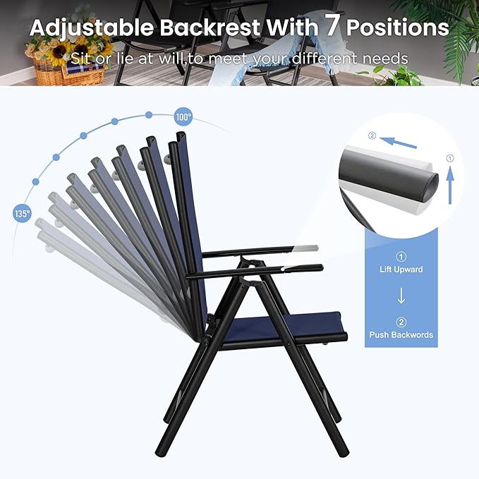 PHI VILLA Outdoor Patio Dining Set for 4 with Umbrella (Beige), Patio Table and Chairs with Adjustable Patio Folding Chairs Blue for Yard and Garden