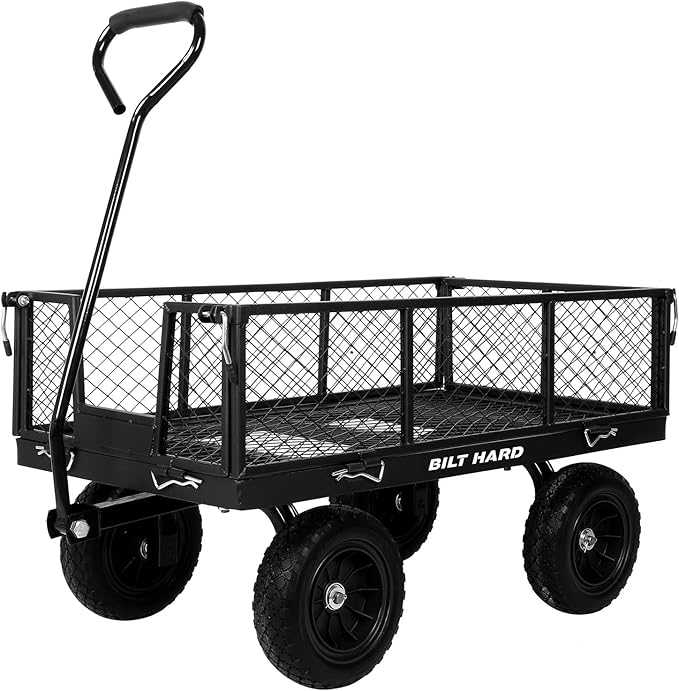 BILT HARD 880 lbs 10" Flat Free Tires Steel Garden Cart with 180° Rotating Handle and Removable Sides, Heavy Duty 4 Cu.Ft Capacity Utility Garden Carts and Wagons, Black