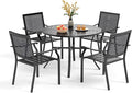 PHI VILLA 5 Pieces Outdoor Round Dining Set for 4, Steel Circle Table with Umbrella Hole & Stacking Wrought Iron Chairs, Modern Dining Furniture Set for Patio, Deck, Yard, Porch