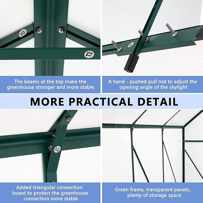 6x8 FT Polycarbonate Greenhouse with Sliding Door and Adjustable Roof, Heavy Duty Aluminum Walk-in Greenhouses w/ Raised Base for Outdoor Garden Backyard,Green