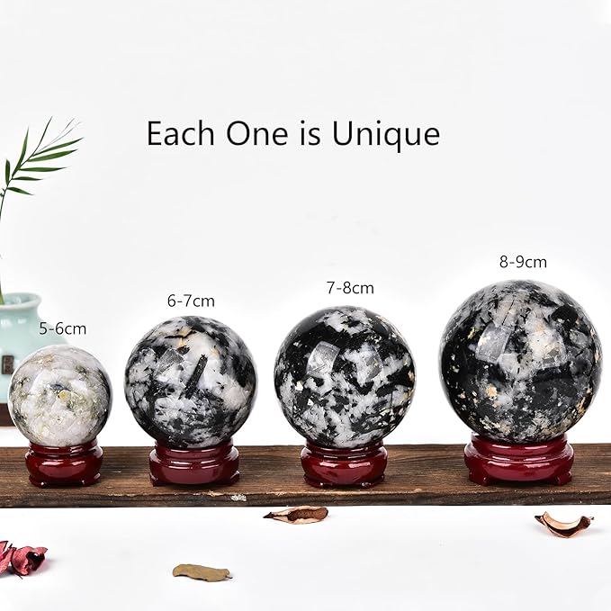 JIC Gem Natural Black and White Tourmaline Crystal Sphere with Wooden Stand Black Quartz Crystal Ball Healing Ornament Specimen Altar Reiki Crystal 60-70mm