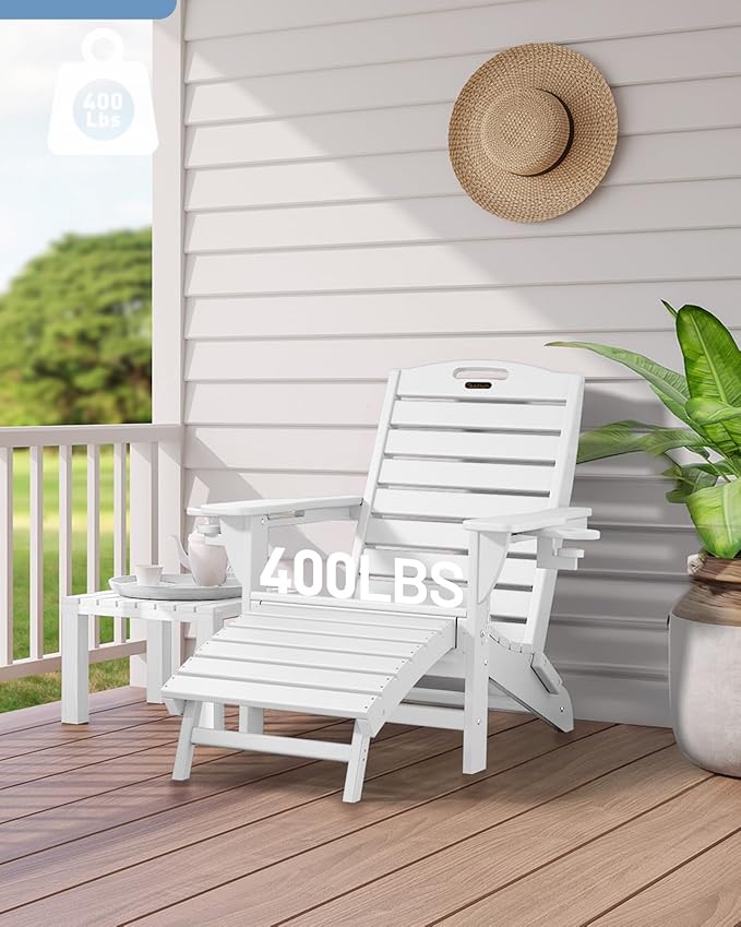 Folding Adirondack Chairs Set of 4,Adirondack Chair with Retractable Ottoman,Plastic Adirondack Chairs with 2 Cup Holder,Weather Resistant Patio Chair,Outdoor Chairs Set of 4(White)