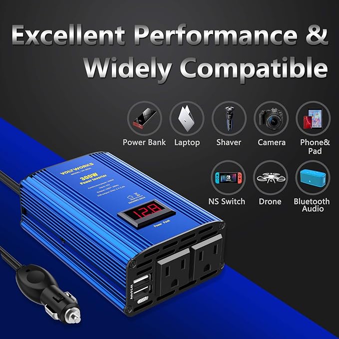 Power Inverter 300W Car Inverter DC 12V to 110V AC Converter with LED Display & 2x2.4A Dual USB Car Adapter Charger Compatible with Lithium Battery by VOLTWORKS