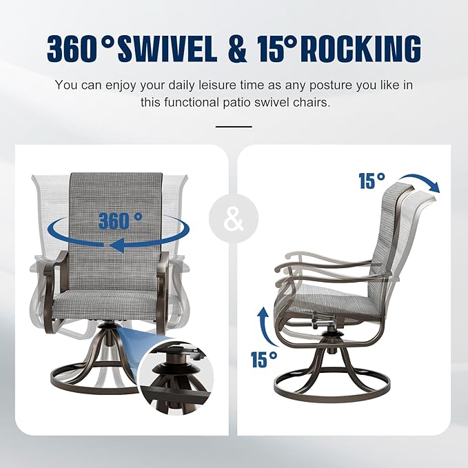 UDPATIO Patio Swivel Dining Chairs Set of 4, Outdoor Swivel Chairs High Back with Padded All Weather Textilene Metal Rocking Frame for Lawn Garden Backyard, Grey White