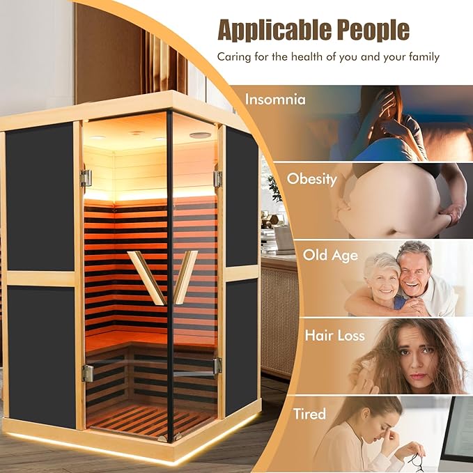 Home Sauna Infrared Sauna 7 Color Light Indoor Sauna for 2 Person,APP Control Dry Sauna Low EMF 1980W/110V Canadian Hemlock Wood Saunas,for Home Spa