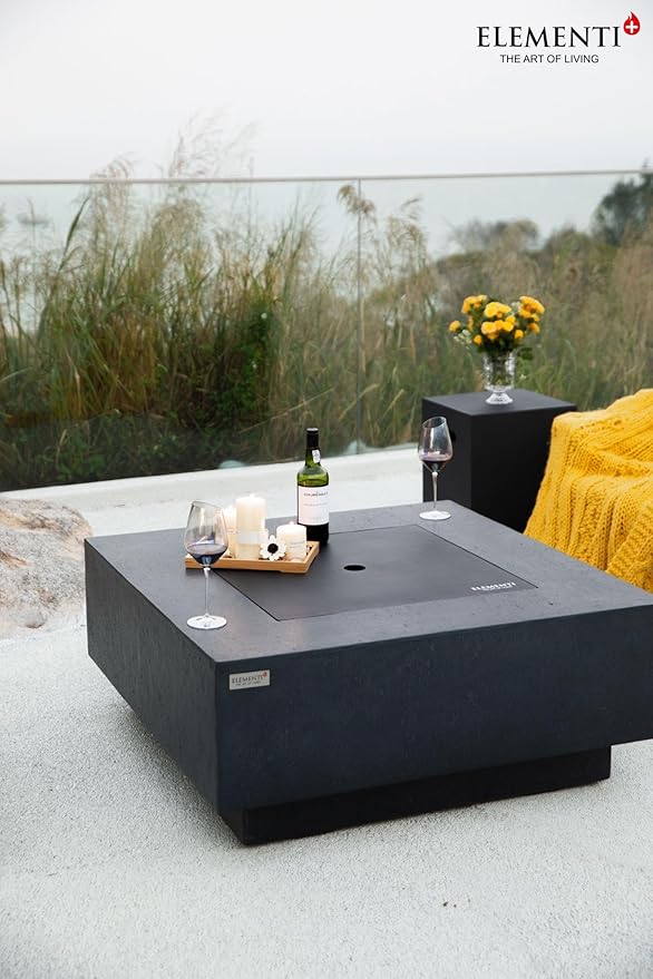 Elementi+ | Bergen Gas Fire Pit Cast Concrete 40" Square Fire Table, Outdoor Fire Pit Electronic Ignition | Canvas Cover, Fire Glass and Burner Lid Included | Dark Gray | Propane Gas