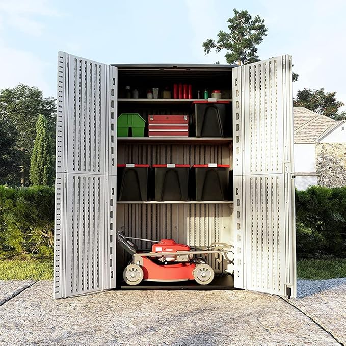 KINYING Outdoor Storage Shed Waterproof, Resin Vertical Storage Cabinet Double-Layered, Versatile to Store Patio Furniture, Garden Tools, Pool Accessories,Mower (66 Cu.ft,White)