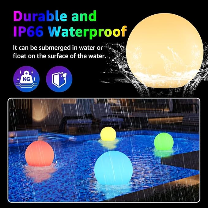FUYO LED Ball Light, 10-inch Solar Light Up Pool Balls, Rechargeable & Remote Control Globe Lights 16 RGB Colors Mood Night Light, IP66 Water-Resistant Floating Light for Pool, Party, Pond - 1pcs