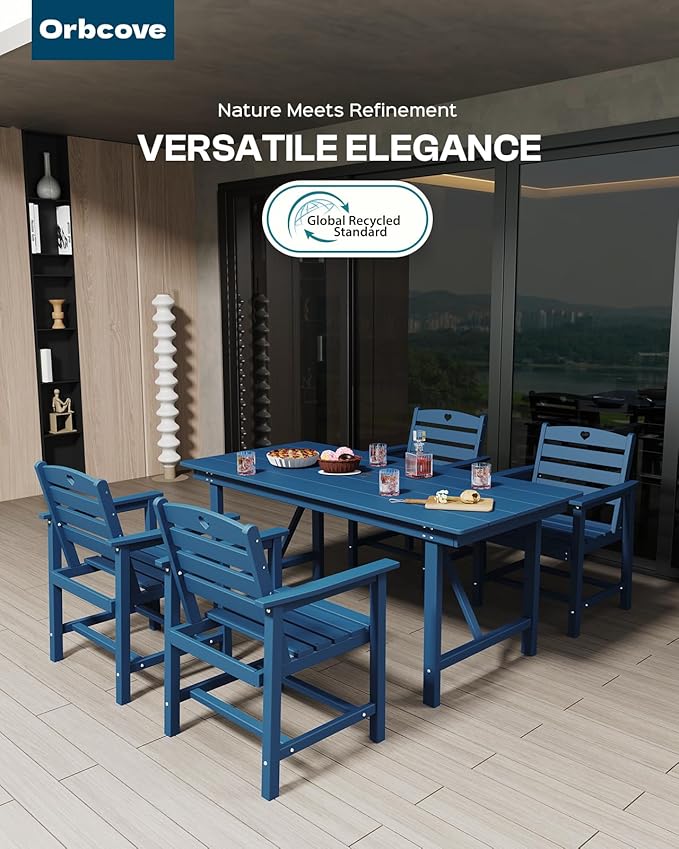 Patio Table and Chairs Set with Umbrella Hole, HDPE Patio Dining Set for 4, Outdoor Dining Set for Lawn, Patio, Porch, Deck, Poolside, Yard (Classic Blue, 5-Piece)