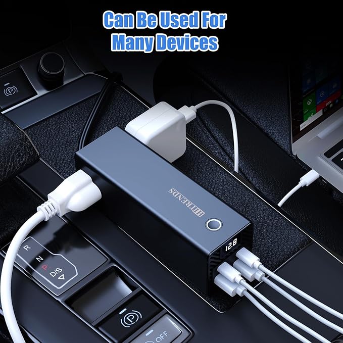 HITRENDS 300W Car Power Inverter, DC 12V to AC 110V with 2 USB Ports, 2 Type-C Ports, and 2 AC Outlets for Car, Home, and Travel Use (Black)
