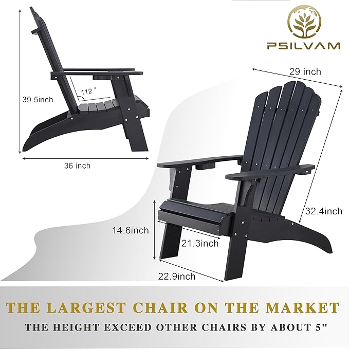 Psilvam Adirondack Chair, Oversized Poly Lumber Fire Pit Chair with Cup Holder, 350Lbs Support Patio Chairs for Garden, Weather Resistant Outdoors Seating, Relaxing Gift for Father & Mother (4, Black)