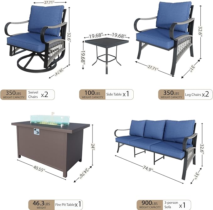 7 Pieces Modern Patio Furniture Set, All Weather Metal Outdoor Conversation Sets with Fire Pit Table for Backyard Garden Deck Porch Poolside, Blue