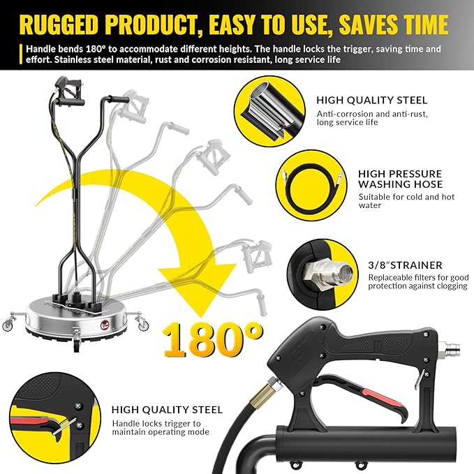 Doniks 22 Inch Pressure Washer Surface Cleaner with 4 Wheels,Dual Handle,Stainless Steel Housing,4500 PSI Power Washer Accessory for Concrete, Patio, Sidewalk, Deck, Driveways and Daily Washing