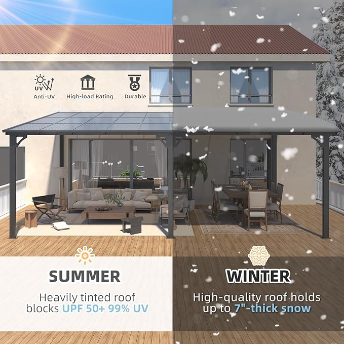 AECOJOY 26' x 10' Gazebo for Patio, Large Wall-Mounted Hard Top Lean-to Gazebo Pergola with Roof 10' x 26' on Clearance, Heavy Duty Patio Awnings for Decks, Backyard