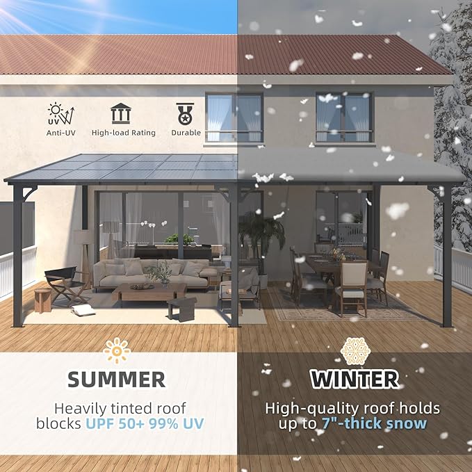 AECOJOY 24' x 12' Gazebo for Patio, Large Wall-Mounted Hard Top Lean-to Gazebo Pergola with Roof 12' x 24' on Clearance, Heavy Duty Patio Awnings for Decks, Backyard