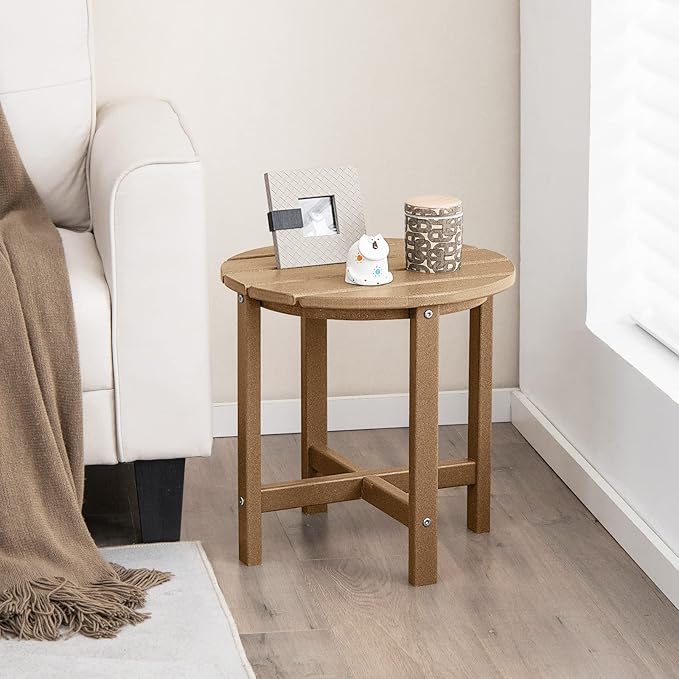 Tangkula Round Outdoor Side Table, 18 Inch Weather Resistant HDPE Adirondack Table, Outdoor Indoor Chairside End Tables, Patio Side Table for Lawn Garden Balcony Backyard, Easy Assembly (1, Brown)