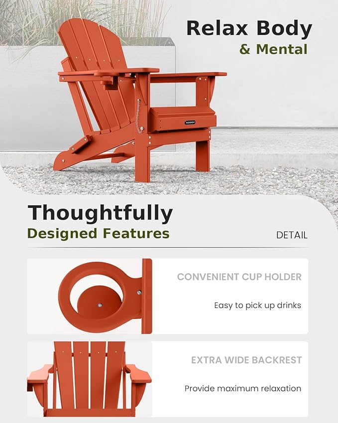 MUCHENGHY Folding Adirondack Chairs, Patio Chairs, Lawn Chairs, Outdoor Chair, Adirondack Chair Plastic, Fire Pit, Weather Resistant with Cup Holder for Deck, Backyard, Garden(Orange)
