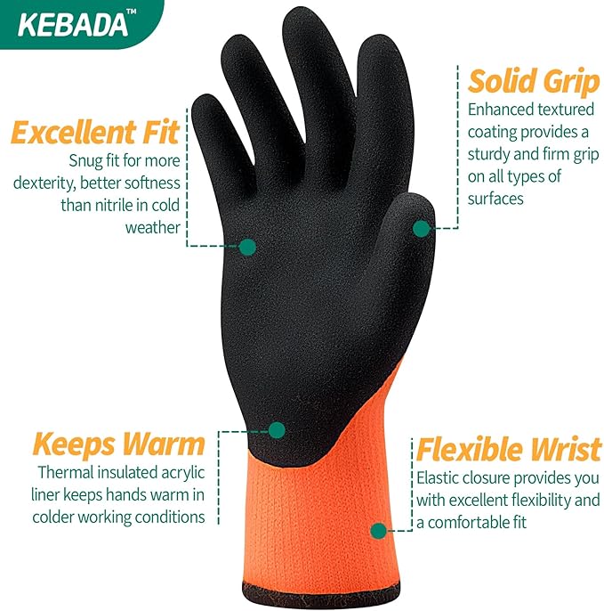 Kebada T3 Winter Work Gloves for Men and Women, Warm Knit Cold Weather Work Gloves, Thermal Insulated Freezer Gloves, 100% Latex Coating Non-slip Grip, Long Wrist Design, 3 Pairs, Orange, X-Large
