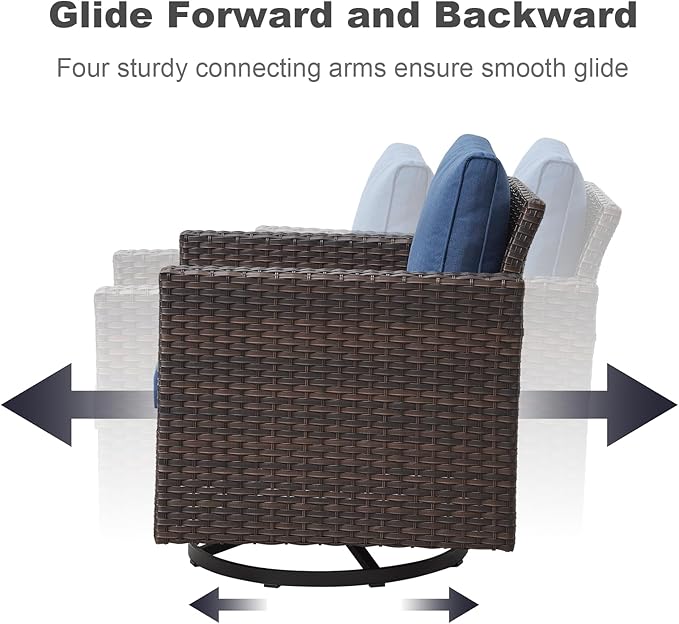 Wicker Patio Furniture Set：7 Piece Outdoor Patio Furniture Set with 2 Swivel Patio Chairs 2 Single Chairs a Coffee Table and 2 Ottomans, Brown Wicker/Blue Cushion