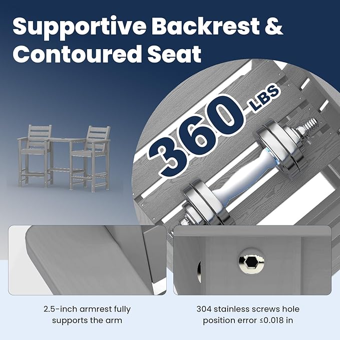 Tall Adirondack Chairs Set of 2, All Weather HDPE Poly Bar Height Balcony Adirondack Chair with Removable Double Connecting Trays, Outdoor Adirondack Barstools for Deck, Patio, Yard, Pool, Lawn
