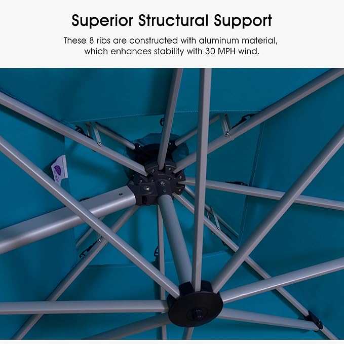PURPLE LEAF 10 FT Cantilever Patio Umbrellas with Base Included, Large Square Offset Umbrella with 360° Rotation, Outdoor Aluminum Pool Umbrella for Pool Lawn Garden, Turquoise Blue