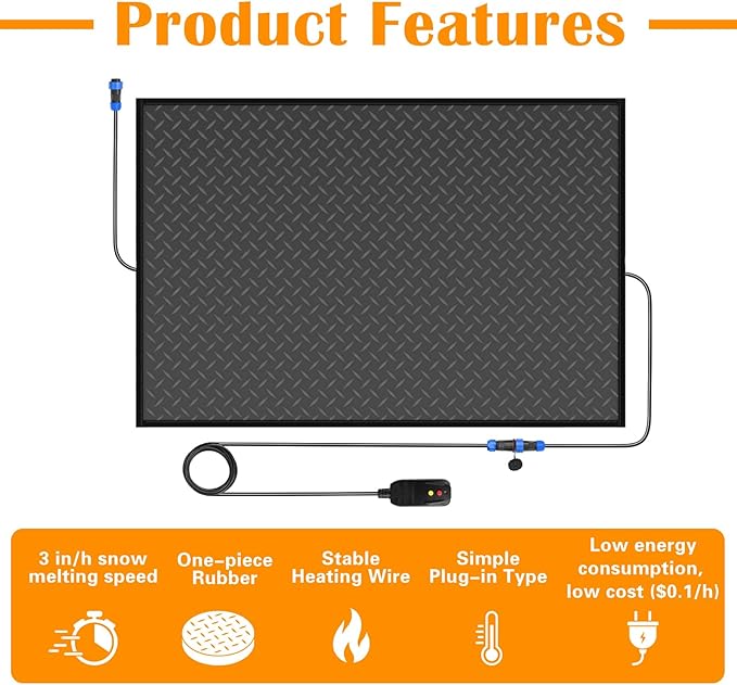 Snow Melting Mats Outdoor for Entrances, 40 x 60 in 2Pack No-Slip Rubber Heated Outdoor Mats with 10 ft Power Cord, 3 in/h Speed Snow and Ice Melting Pads for Winter Roofs, Backyards Snow Removal