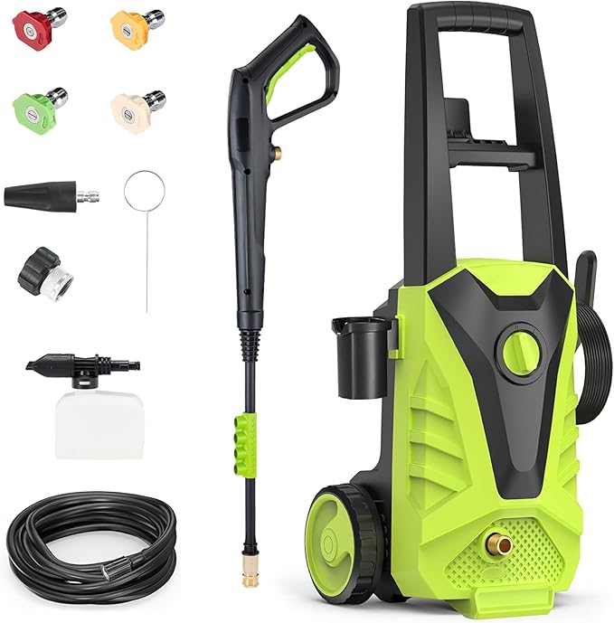 Electric Pressure Washer, 2.0 GPM – High Pressure Power Washer with Foam Cannon, 4 Quick-Connect Nozzles, 23ft Hose & Compact Storage for Cars, Patios & Home Cleaning, Green