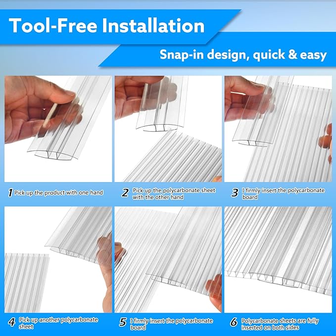 Polycarbonate Greenhouse Panel Connectors – 10 Packs, 4FT H Connectors Fits 6 or 8 MM Panels, UV-Resistant Greenhouse Joining Strips for DIY Garden Greenhouses and Cold Frames