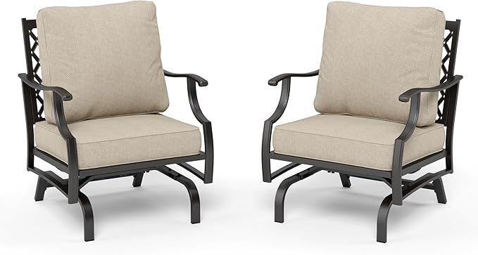 HERA'S HOUSE Outdoor Chairs Set of 2, 2 x Patio Chair with Beige Cushions, All Weather Outdoor Furniture for Lawn Garden Backyard Deck(Rocking Chairs)