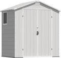 Greesum 6x4FT Plastic Outdoor Storage Shed with Floor, Resin Sheds with Lockable Double Door, Window & Vents, All-Weather Tool Sheds for Garden, Backyard, Patio, Light Gray