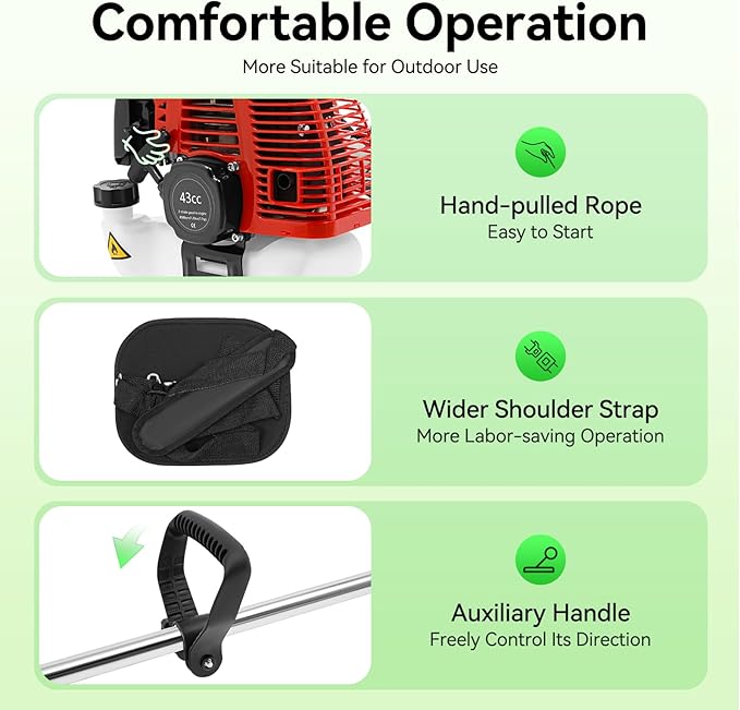 43CC Weed Wacker, 1.25kW Gasoline Grass Trimmer, 8500R/Min Lawn Brush Cutter, 2-Stroke Garden Mower with Grass Baffle & Funnel for Lawn Pond Side Weed Removal Landscaping
