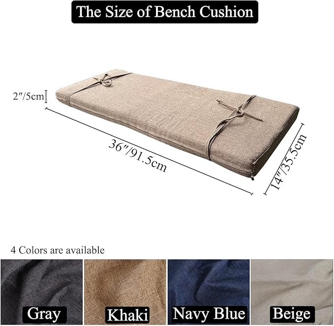 36 x 14 Inch Piano Bench Cushions for Indoor Furniture with Ties Non Slip Kitchen Dining Room Bench seat Cushion for Shoe Storage Ottoman Window Settee Pad，Khaki