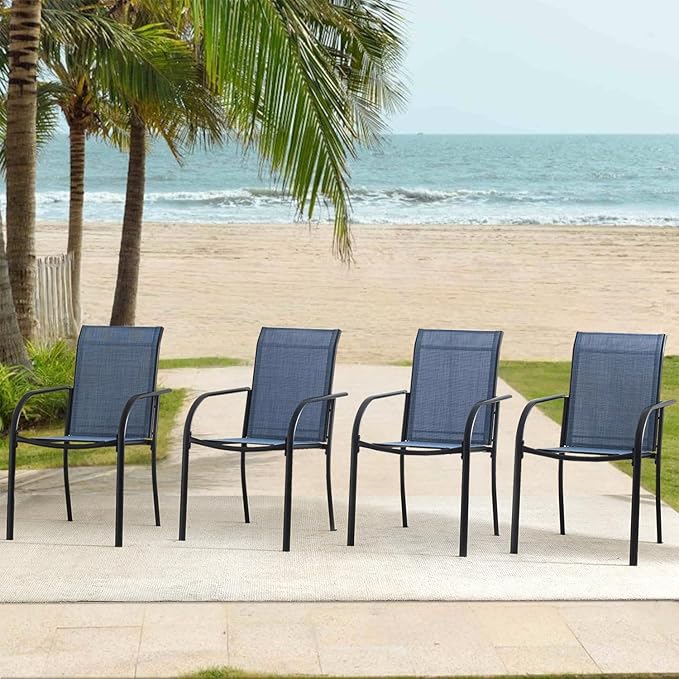 Outdoor Dining Chairs Set of 6, Stackable Patio Chairs with Textilene Fabric, Lightweight Garden Chairs for Poolside, Backyard, Camping, Light Blue