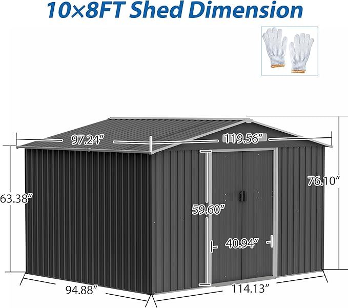 10X8 FT Outdoor Tool Storage Shed with Metal Foundation & Lockable Doors, All Weather Metal Sheds for Garden, Patio, Backyard, Lawn, Gray