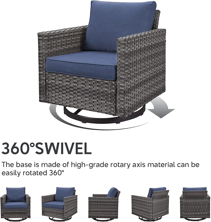 5 Piece Wicker Patio Furniture with Fire Pit Table - Outdoor Conversation Set with 50,000 BTU Fire Pit, All Weather Rattan Patio Set for Deck Backyard Garden - Grey Wicker Blue Cushion