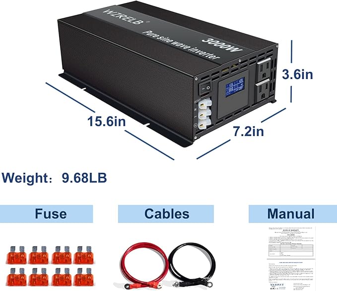 WZRELB Pure Sine Wave Inverter 3000W 24VDC to 120VAC Solar Power Peak 6000W Converter Truck RV Home LCD Display, Black (LN300024)