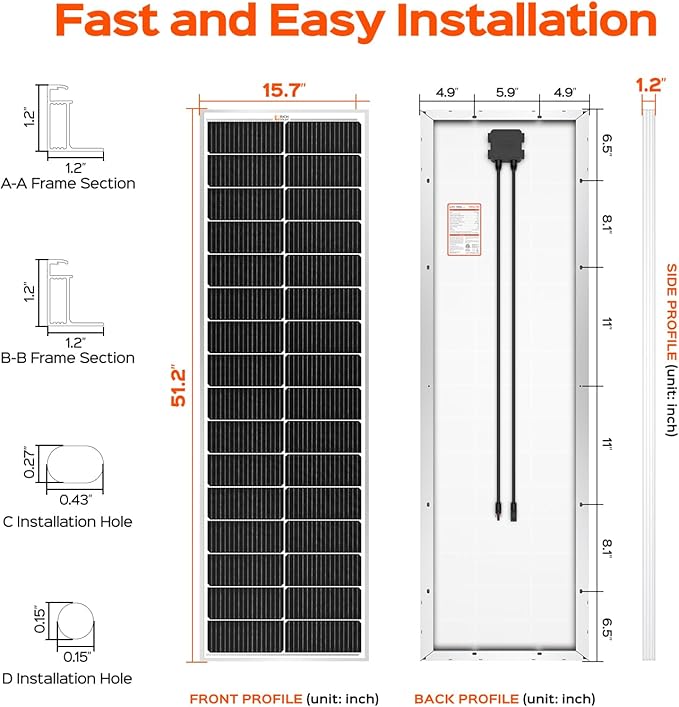 RICH SOLAR MEGA 100 Slim 100 Watt 12 Volt Monocrystalline Solar Panel for RV, Trailer, Motorhome