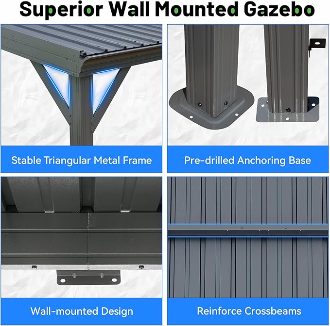 12x20FT Lean to Gazebo, Outdoor Hardtop Wall Mount Gazebo with Gutter & Sloping Galvanized Steel Roof, Metal Hard Top Awnings for Deck, Porch, Backyard
