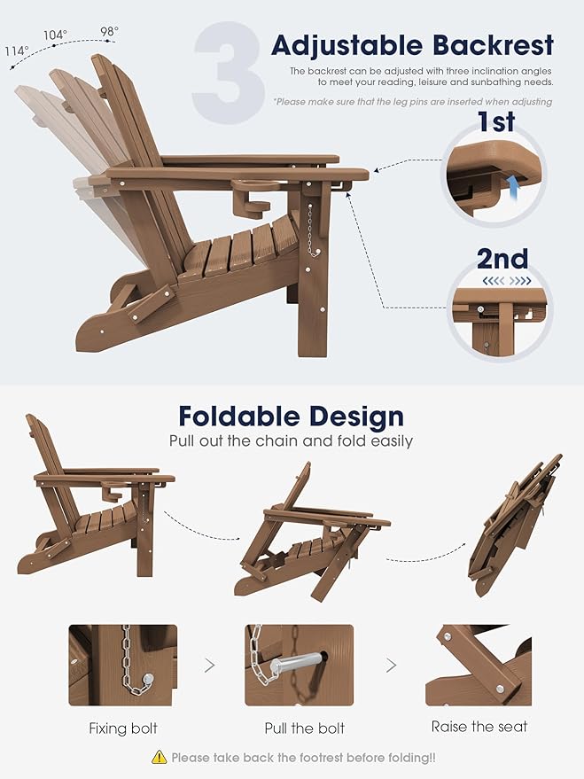 KINGYES Folding Adjustable Adirondack Chair with Ottoman & 2 Cup Holders Set of 4, HDEP Reclining Adirondack Chair with Footrest, Brown