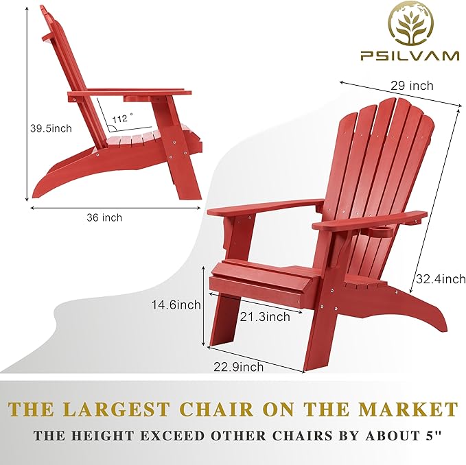 Psilvam Adirondack Chair, Oversized Poly Lumber Fire Pit Chair with Cup Holder, 350Lbs Support Patio Chairs for Garden, Weather Resistant Adirondack Chair Looks Like Real Wood (4, Red)