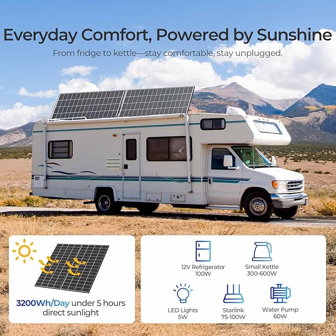 Renogy 320 Watts Solar Panels 4PCS 12V/24V N-Type 18BB Solar Panel Monocrystalline Total 1280W On/Off Grid Application Over 1000 Watt Solar Panel 25% High Efficiency for Homes Roof RV Boat Black