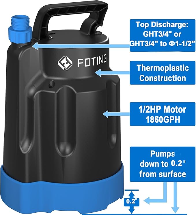 Submersible Water Pump 1/2HP Electric Utility Pump, 1860GPH Sump Pump Submersible Thermoplastic for Swimming Pool Garden Pond Basement Draining with 25ft Long Power Cord